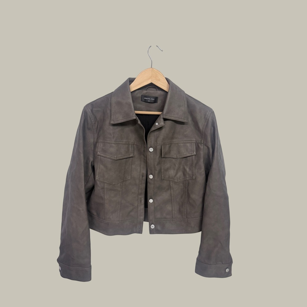 White Fox Boutique Charcoal Grey Faux Leather Cropped Trucker Jacket Size M/L